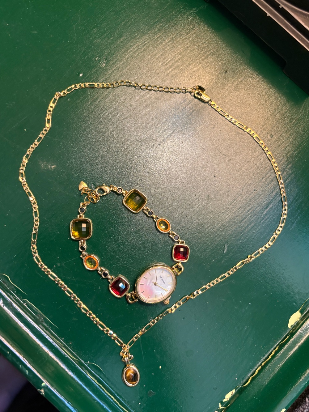 Gold Tone Watch Bracelet with Multi-Color Gem Accents and Gold Necklace - Picture 4 of 4